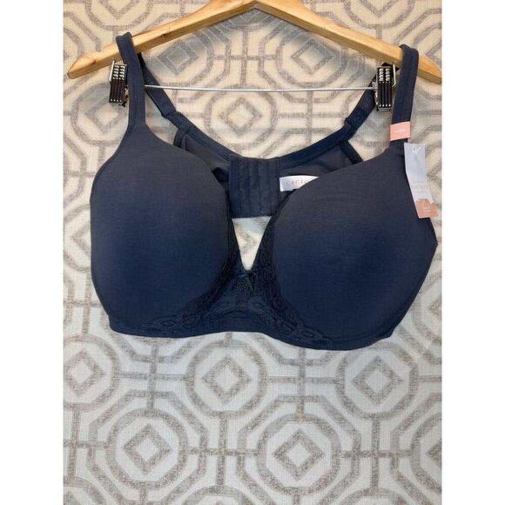 Cacique Push Up No Wire Bra 44DD Navy Blue Cotton Blend Lace Trim New